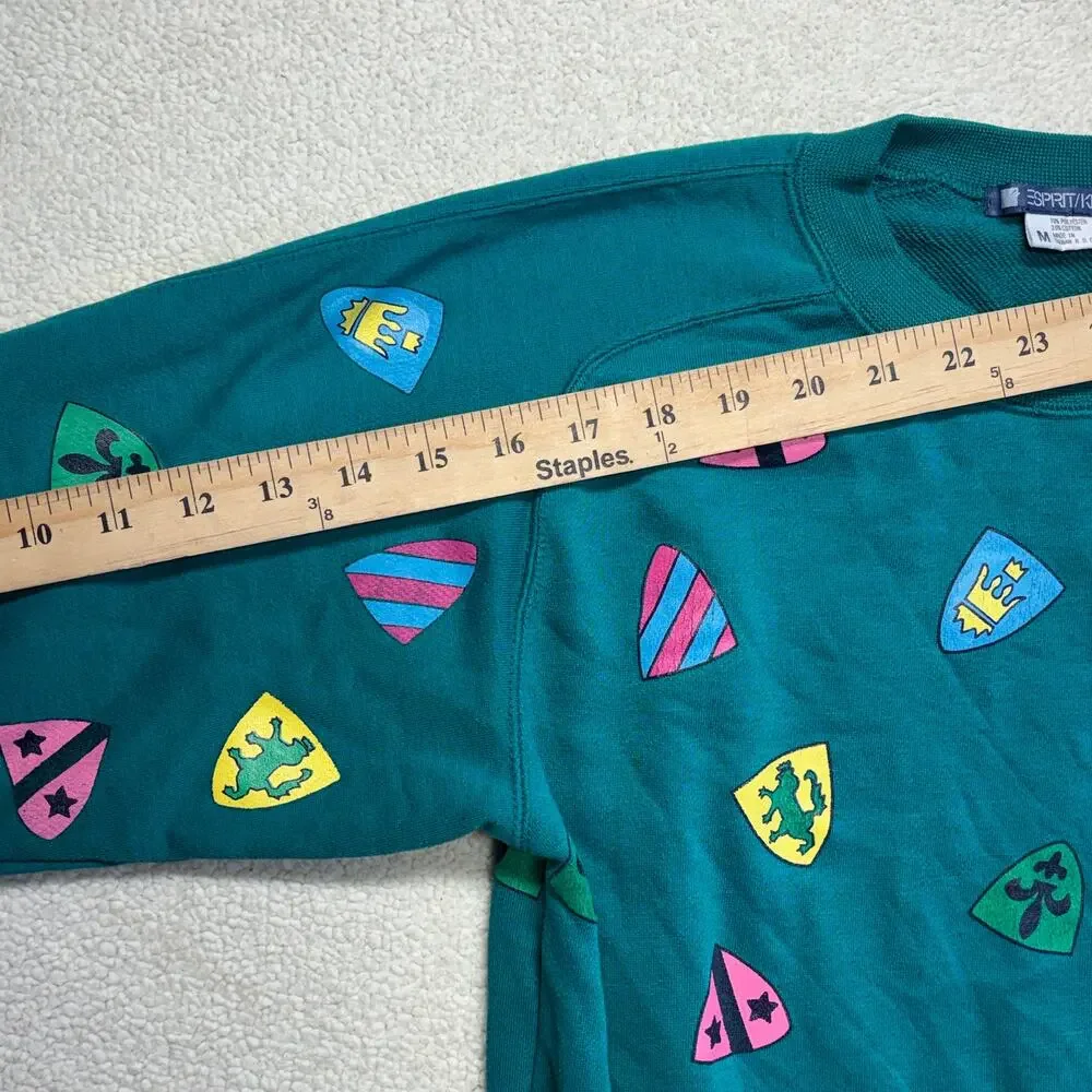 Vintage Esprit Kids Sweatshirt Medium Green Crest All Over Print Pullover Taiwan